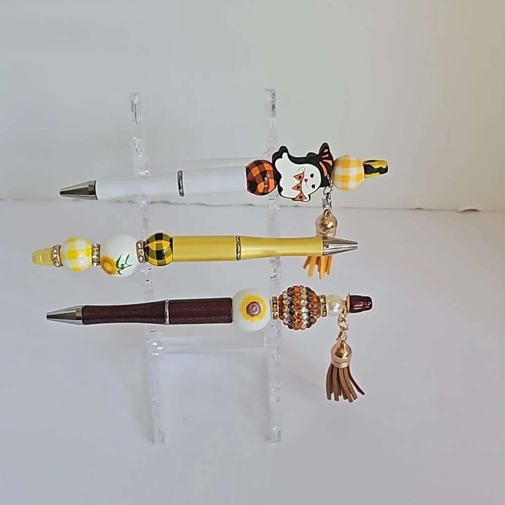 Hand Crafted 3-Set Pens Black Ink Beaded Fall Halloween Sunflower Harvest Design